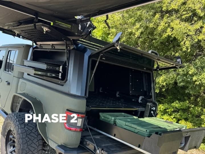 Jeep Gladiator overland build with bed rack, storage drawers and awning