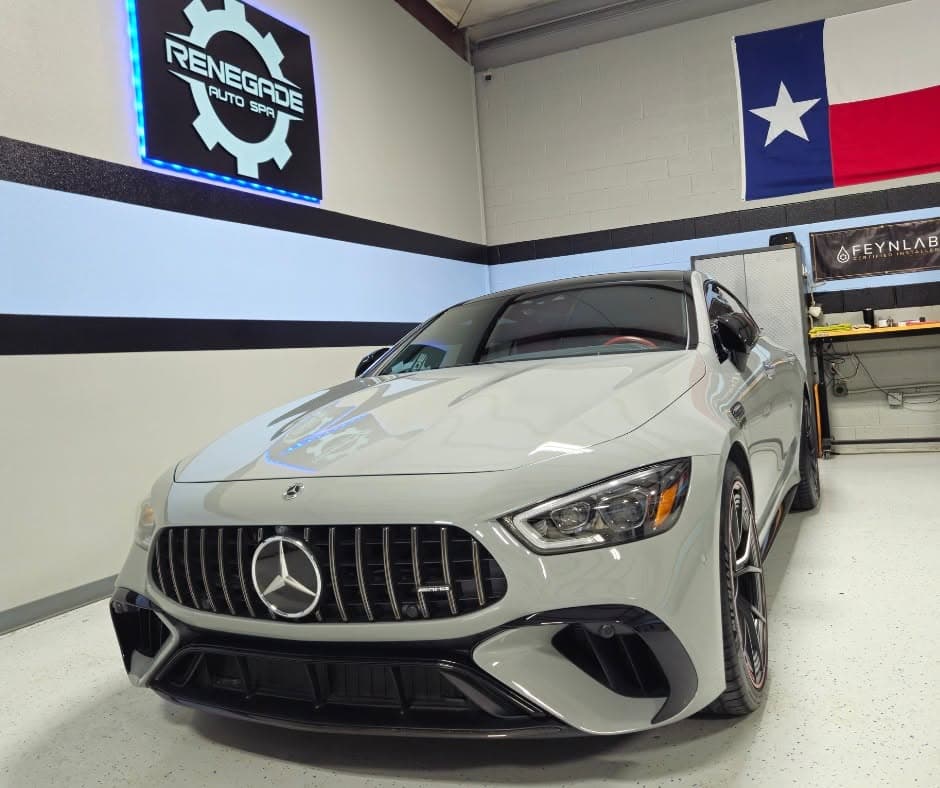 2023 Mercedes-AMG GT with full-front LLumar Platinum PPF in the bay at Renegade Auto Spa, Rockwall TX